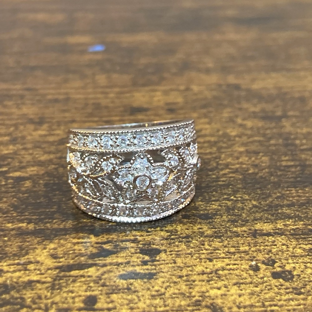 Vintage Sterling Silver Floral Filigree Band Ring With Stones 15mm Wide Size 8.5
